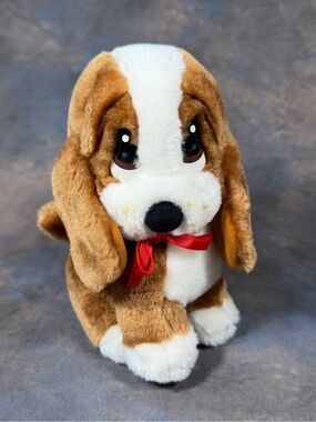 Vintage Sad Sam Basset Hound Plush Applause 7” Brown Puppy Red Ribbon